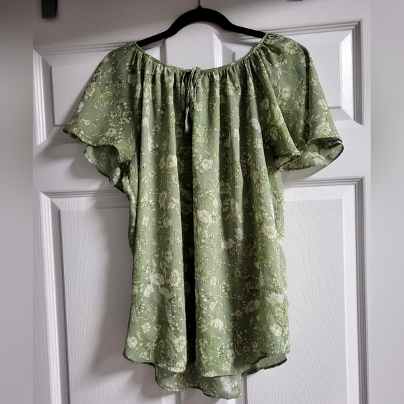 Chaps - Womens Floral Green Gauzy Peasant Blouse - Size L - Picture 1 of 9